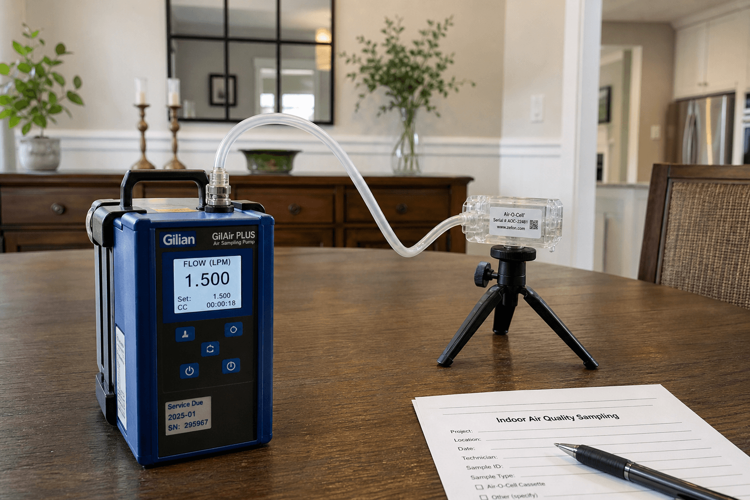 Indoor air quality testing with calibrated air sampling equipment