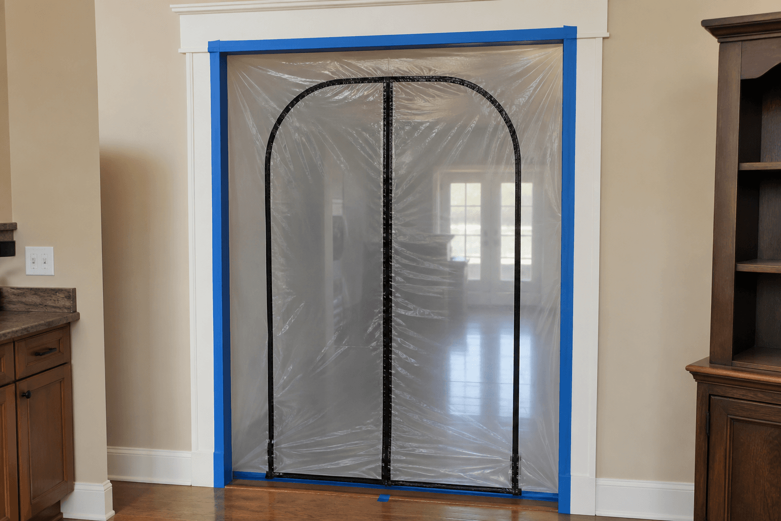 Post-remediation verification with plastic containment over a doorway